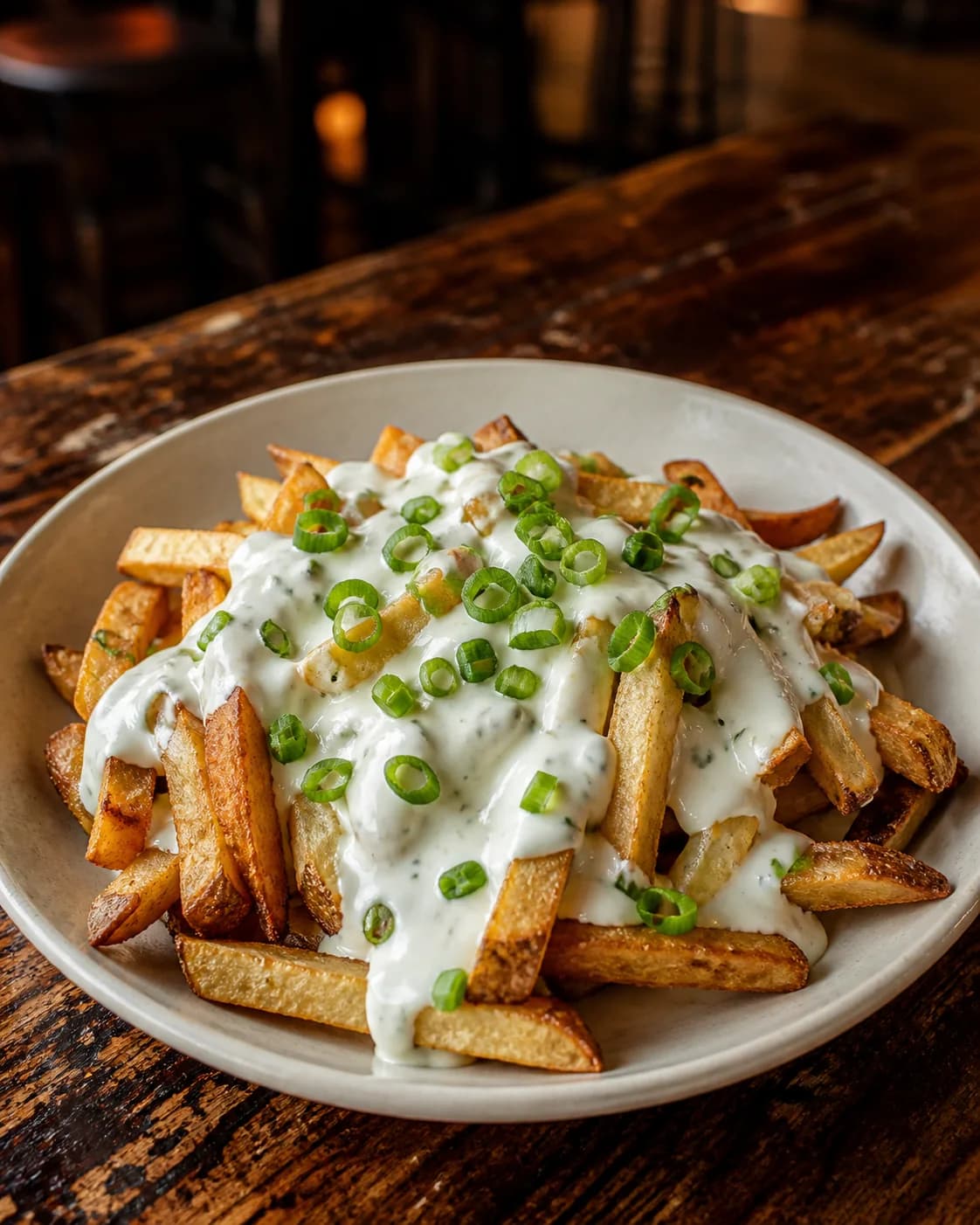 Papas fritas con salsa blanca de verdeo